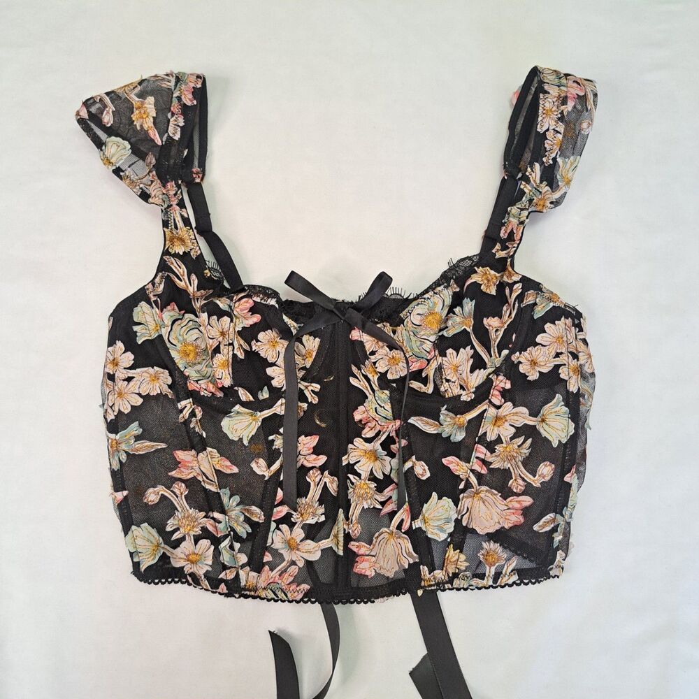 Victoria's Secret Dream Angels Floral Lace Corset Top Black 34A Sexy Flirty‎